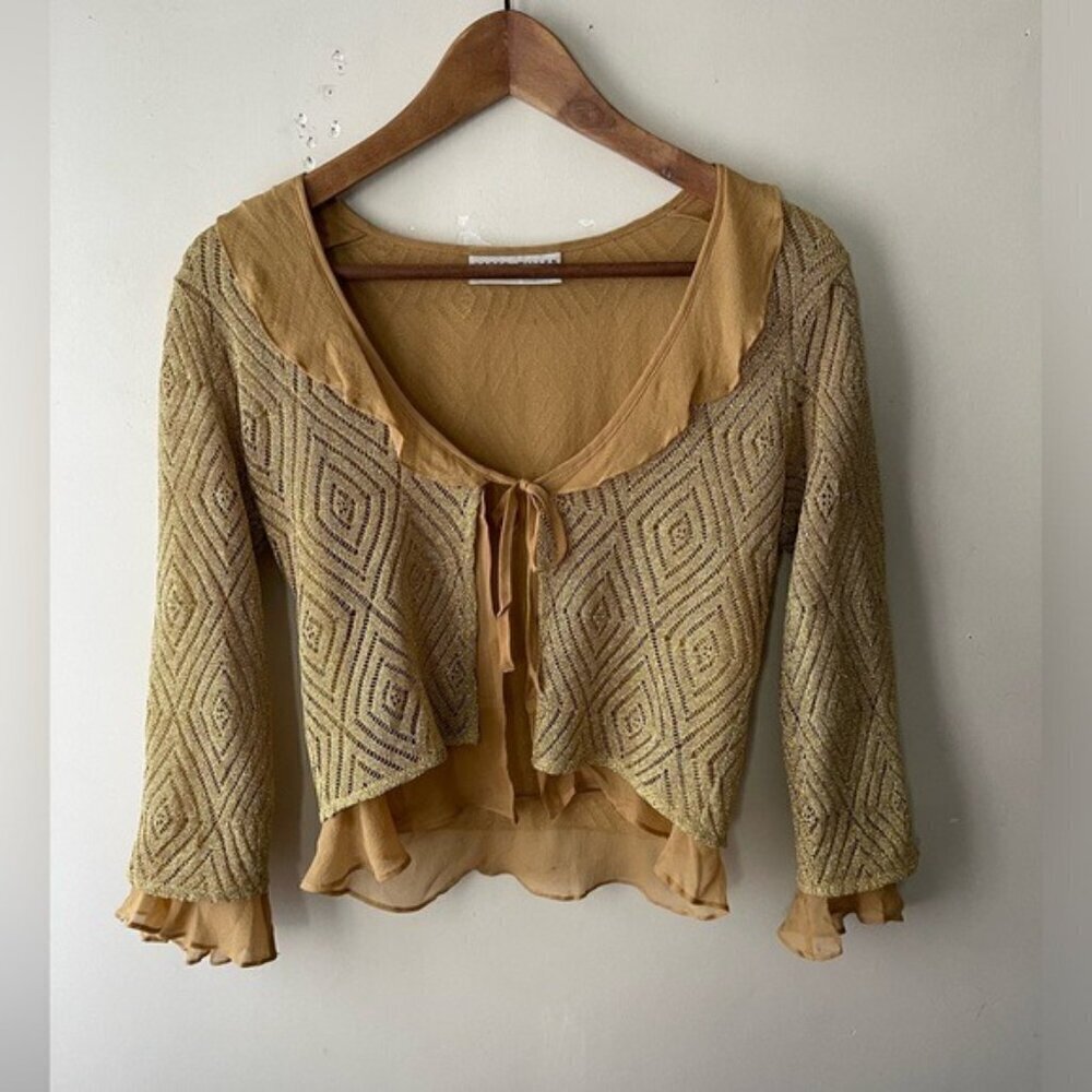 Karen Millen metallic gold silk tie front ruffle double layer cardigan size 1 XS